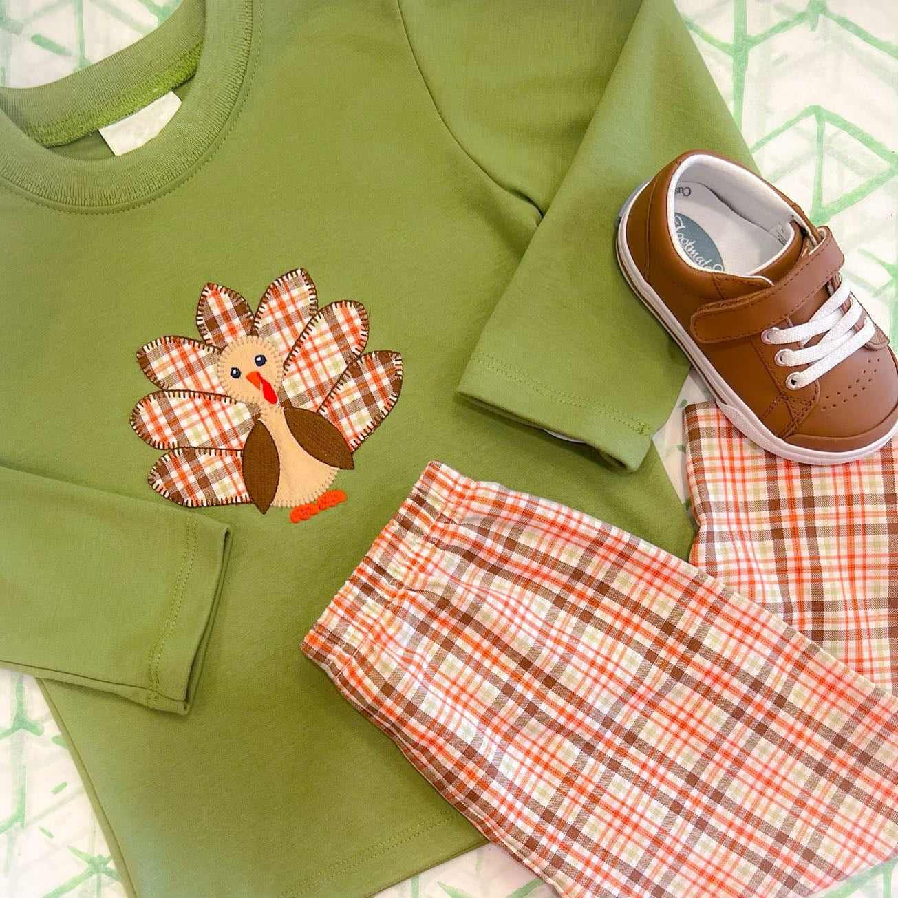 Pre-order Baby Boy Thanksgiving Turkey Green Shirt Pants Pajamas Set