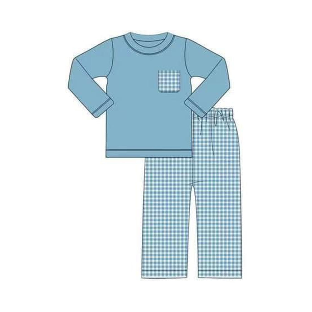 Pre-order Baby Boy Pocket Blue Shirt Plaid Pants Pajamas Set