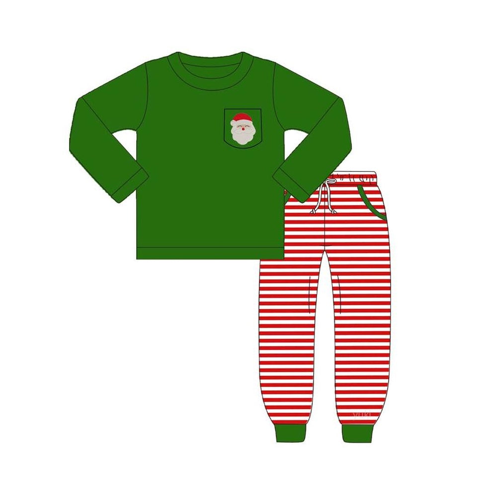Pre -order Baby Boy Christmas Santa Green Shirt Stripes Pants Set