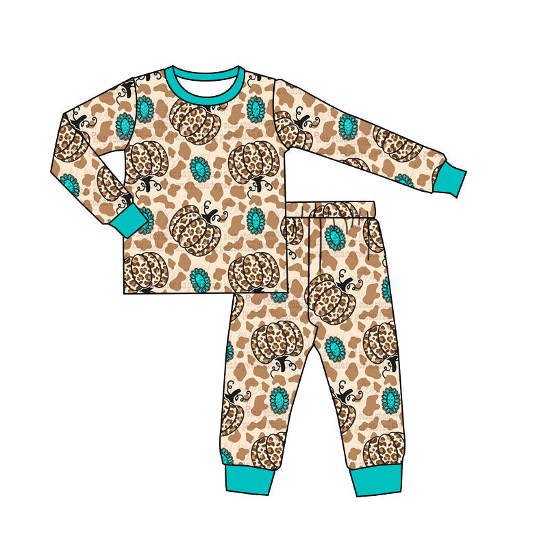 Pre-order Baby Girl Pumpkin Leopard Shirt Pants Pajamas Set
