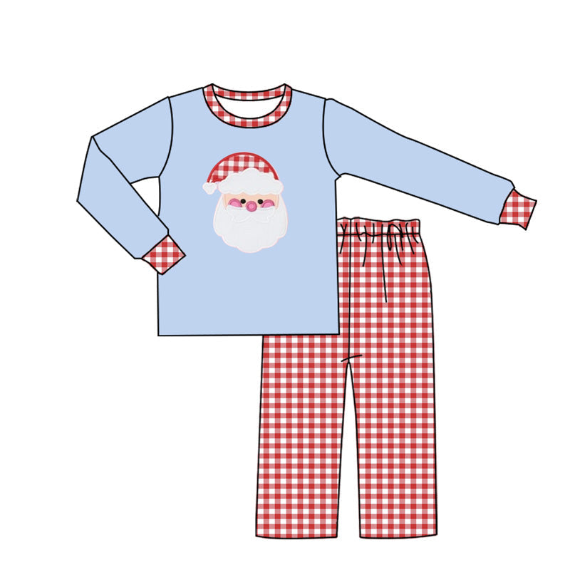 Pre-order Baby Boy Christmas Santa Blue Shirt Plaid Pants Pajamas Set