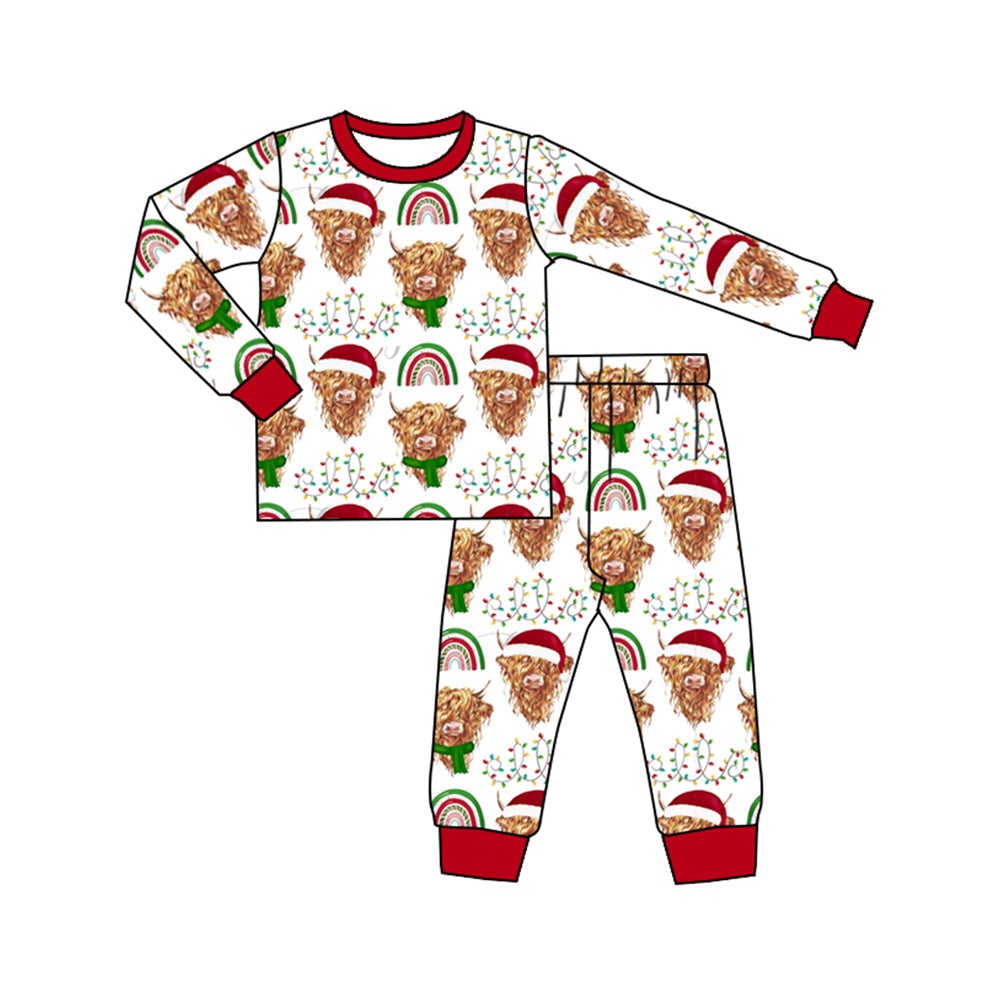 Pre-order Baby Girl Christmas Highland Cow Rainbow Shirt Pants Pajamas Set