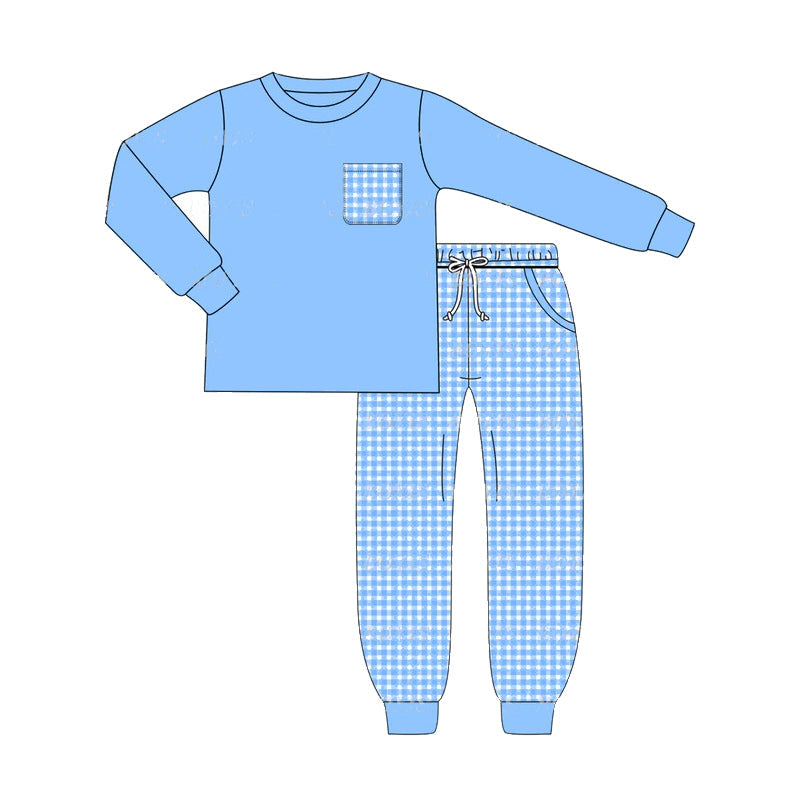 Pre-order Baby Boy Pocket Shirt Blue Plaid Pants Clothes Set