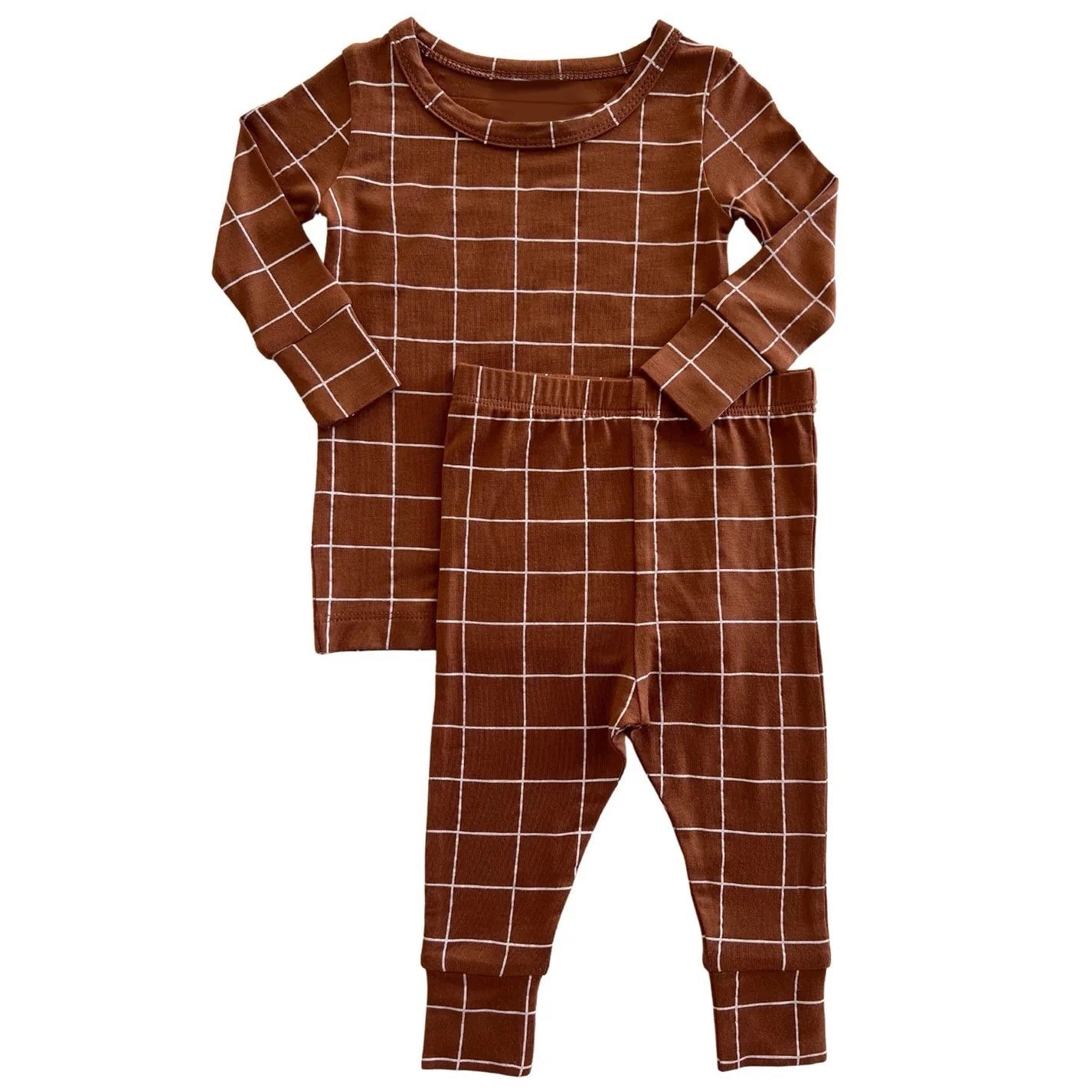 Pr-order Baby Boy Brown Checkered Shirt Pants Pajamas Clothes Set