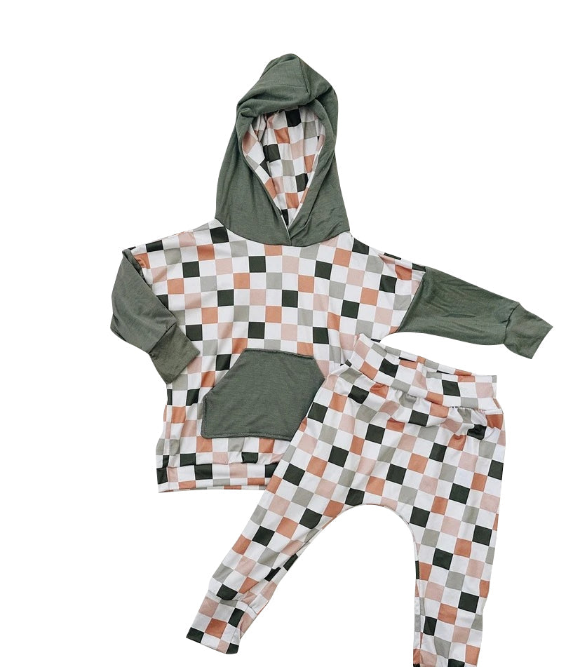 Pre-order Baby Boy Checkered Hoodie Tops Pants Clothes Set