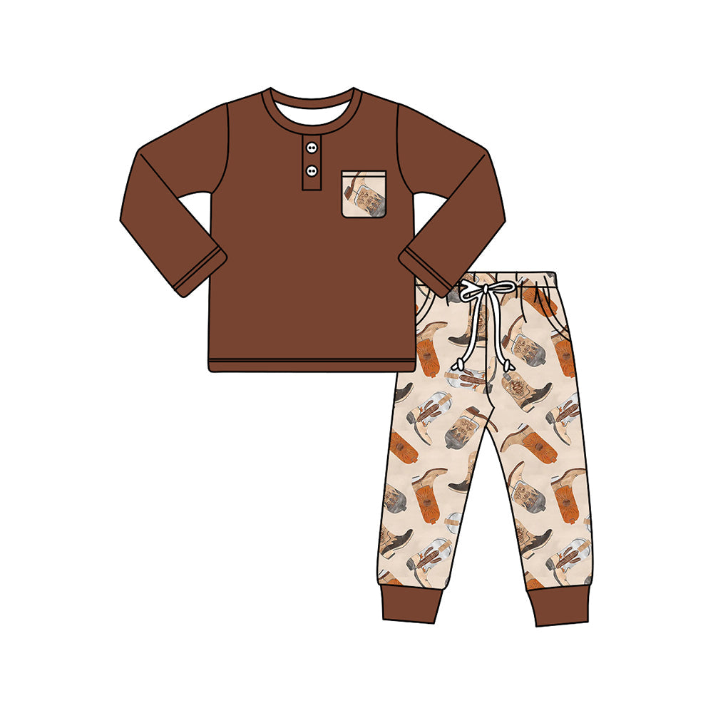Pre-order Baby Boy Western Brown Pocket Shirt Boots Pants Clothes Set