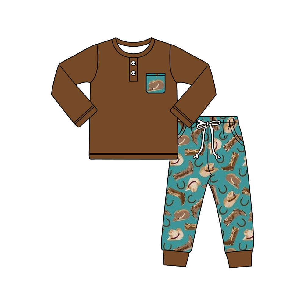 Pre-order Baby Boy Pocket Brown Shirt Western Boots Pants Clothes Set