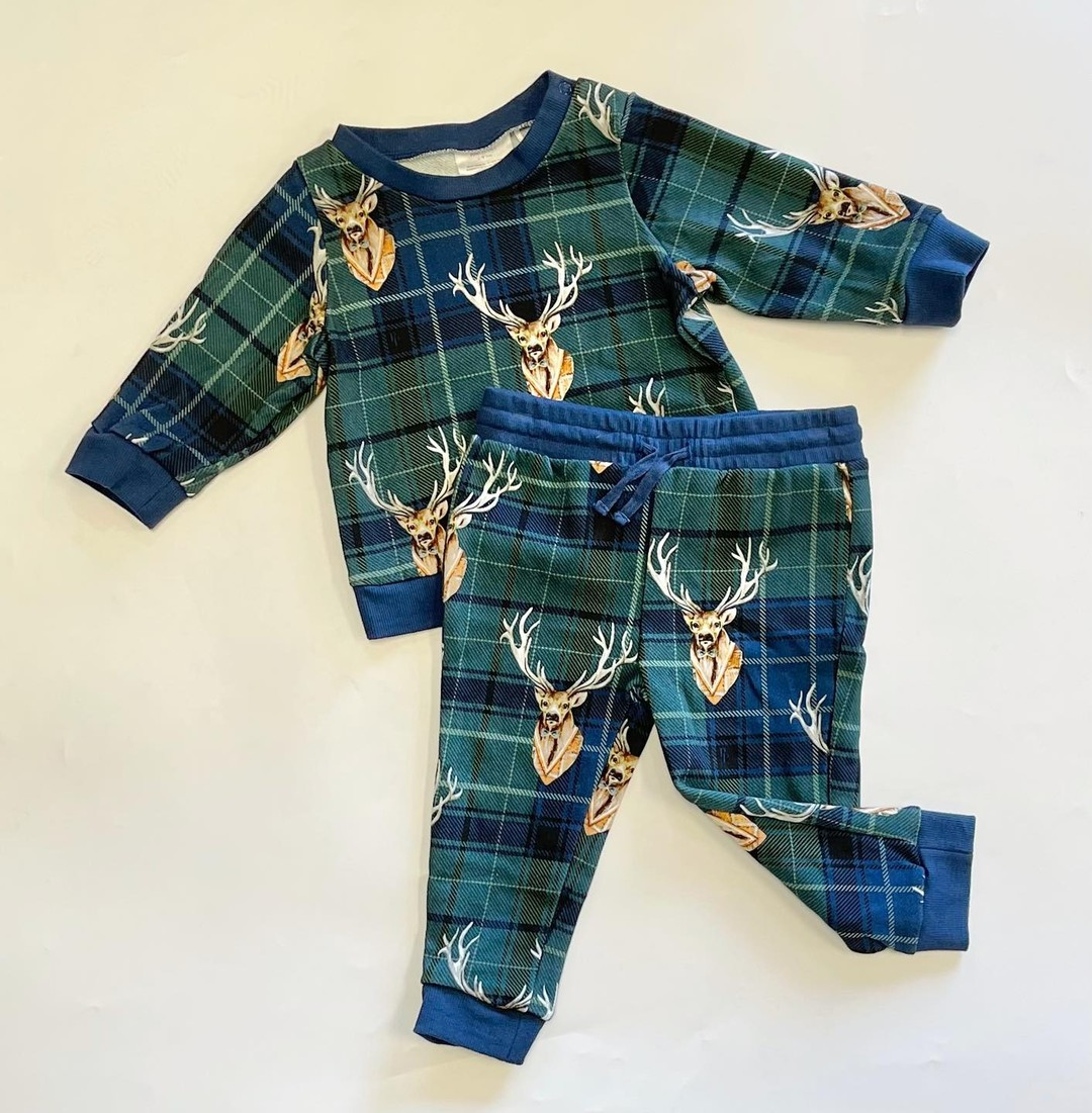Pre-order Baby Boy Deer Checkered Shirt Pants Pajamas Clothes Set