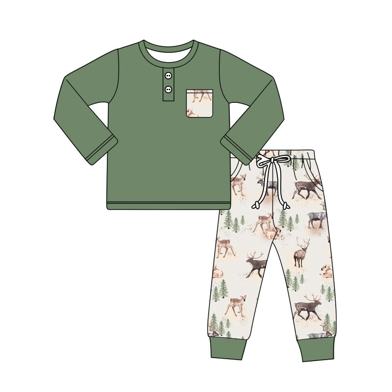 Pre-order Baby Boy Pocket Green Shirt Deer Pants Clothes Hunting Set