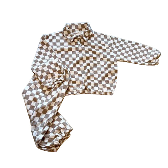 Pre-order Baby Kids Toddler Long Sleeves Brown Checkered Tops Pants Clothes Set