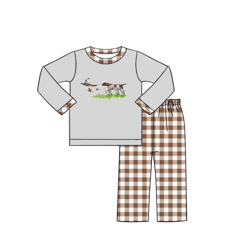 Pre-order Baby Boy Dog DuckGrey Shirt Plaid Pants Hunting Clothes Set