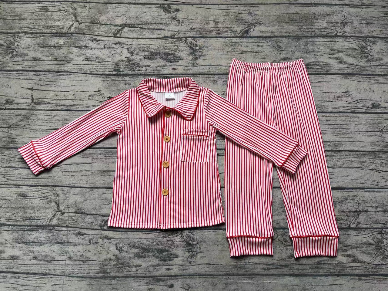 Baby Boy Long Sleeves Red Stripes Buttons Shirt Pants Pajamas Clothes Set