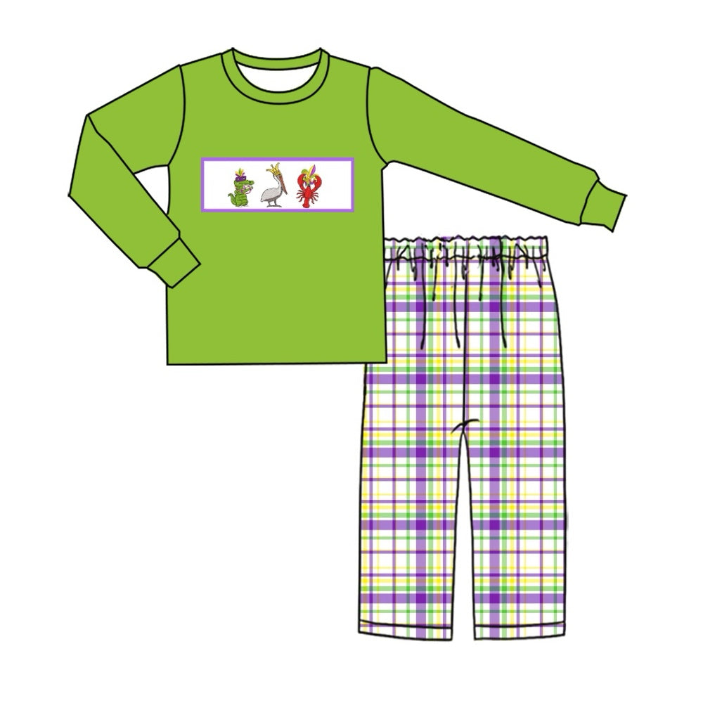 Pre-order Baby Boy Mardi Gras Crawfish Green Shirt Checkered Pants Clothes Set