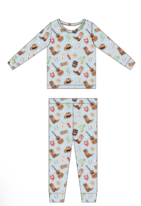 Pre-order Baby Boy Cowboy Western Guitar Boots Shirt Pants Pajamas Set