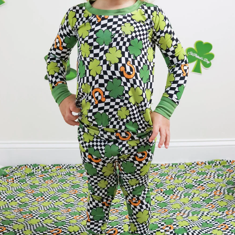 Pre-order Baby Boy Long Sleeves St Patrick Day Clover Shirt Pants Pajamas Clothes Green Set