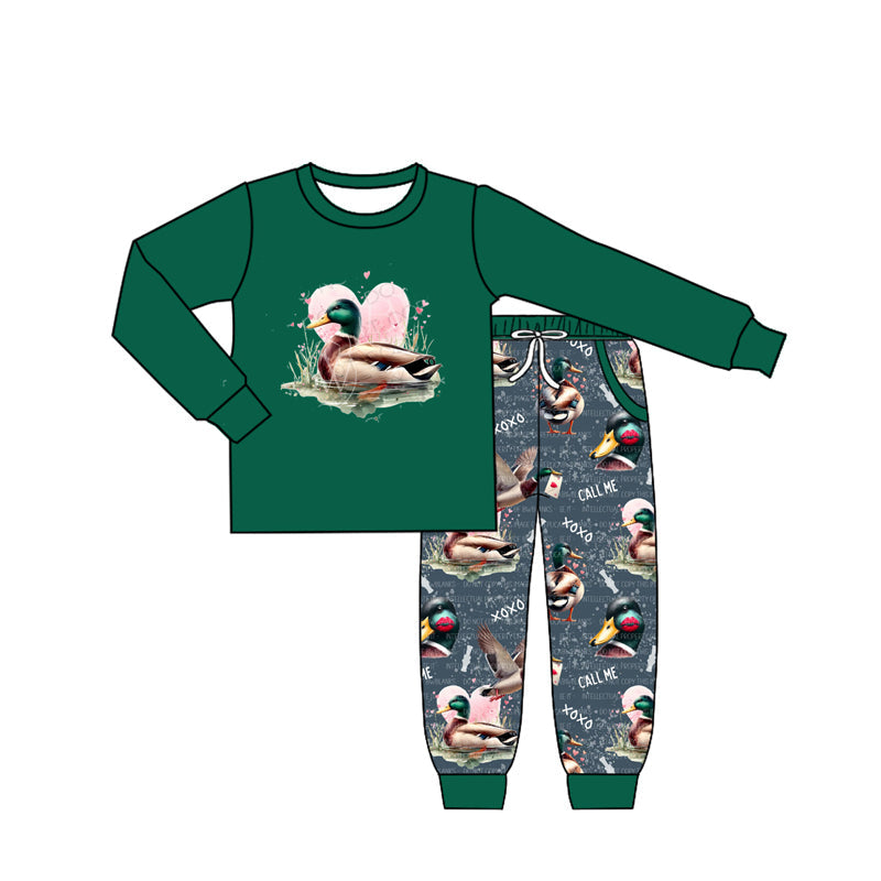 Pre-order Baby Boy Long Sleeves Valentines Duck Hearts Shirt Pants Clothes Set