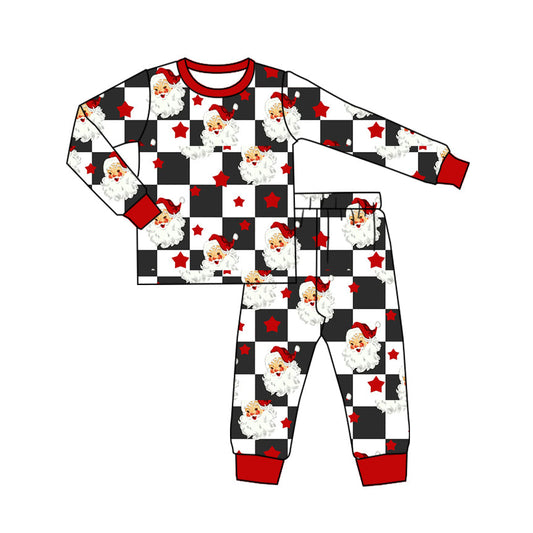 ( Moq 5 ) Preorder Baby Boy Long Sleeves Checked Santa Stars Shirt Pants Christmas Pajamas Set
