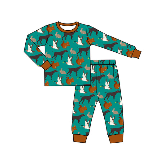 ( Moq 5 ) Preorder Baby Boy Green Long Sleeves Dogs Ducks Shirt Pant Pajamas Set
