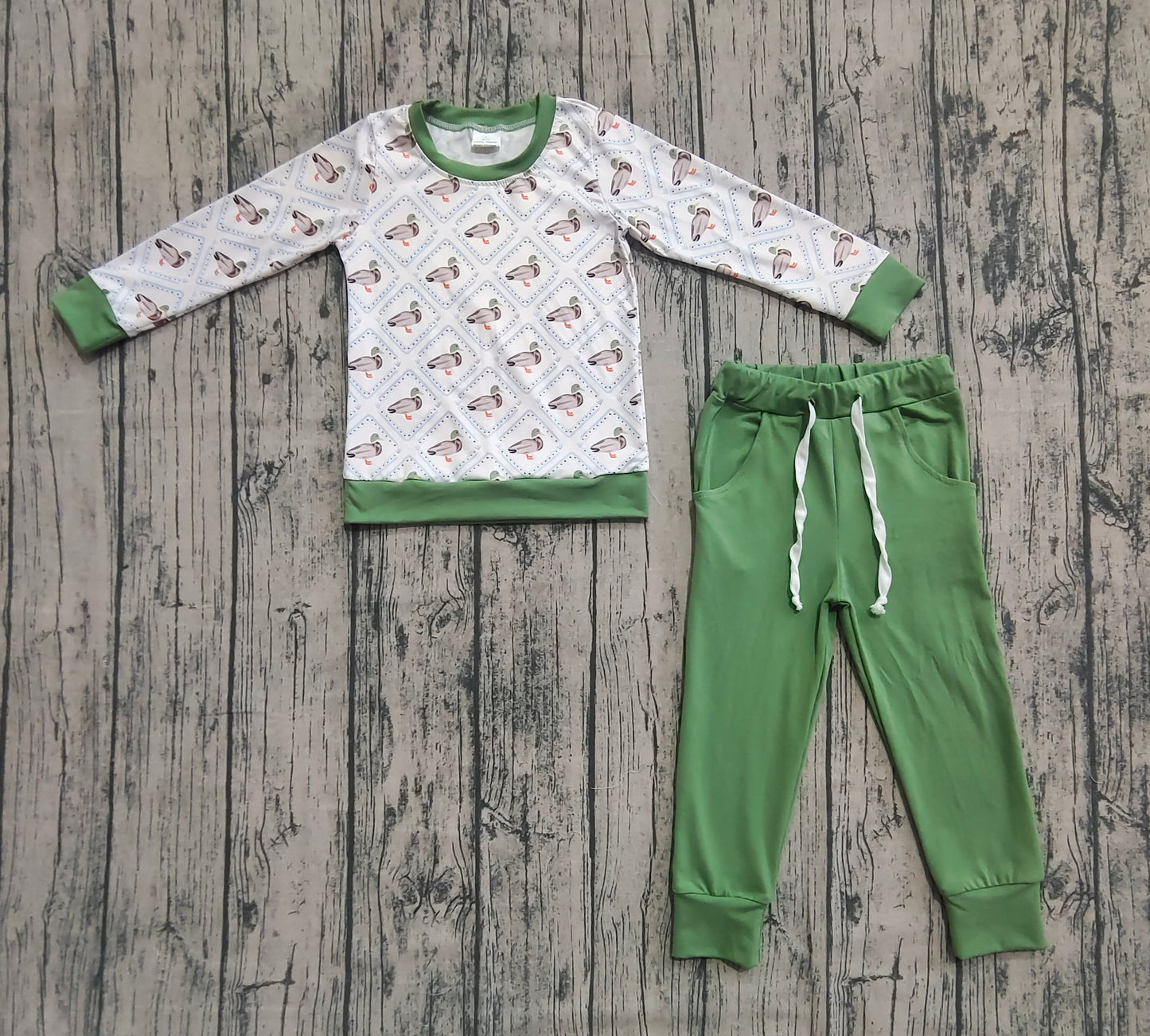 Baby Boy Long Sleeves Ducks Shirt Green Pockets Cotton Pants Set Clothes RTS