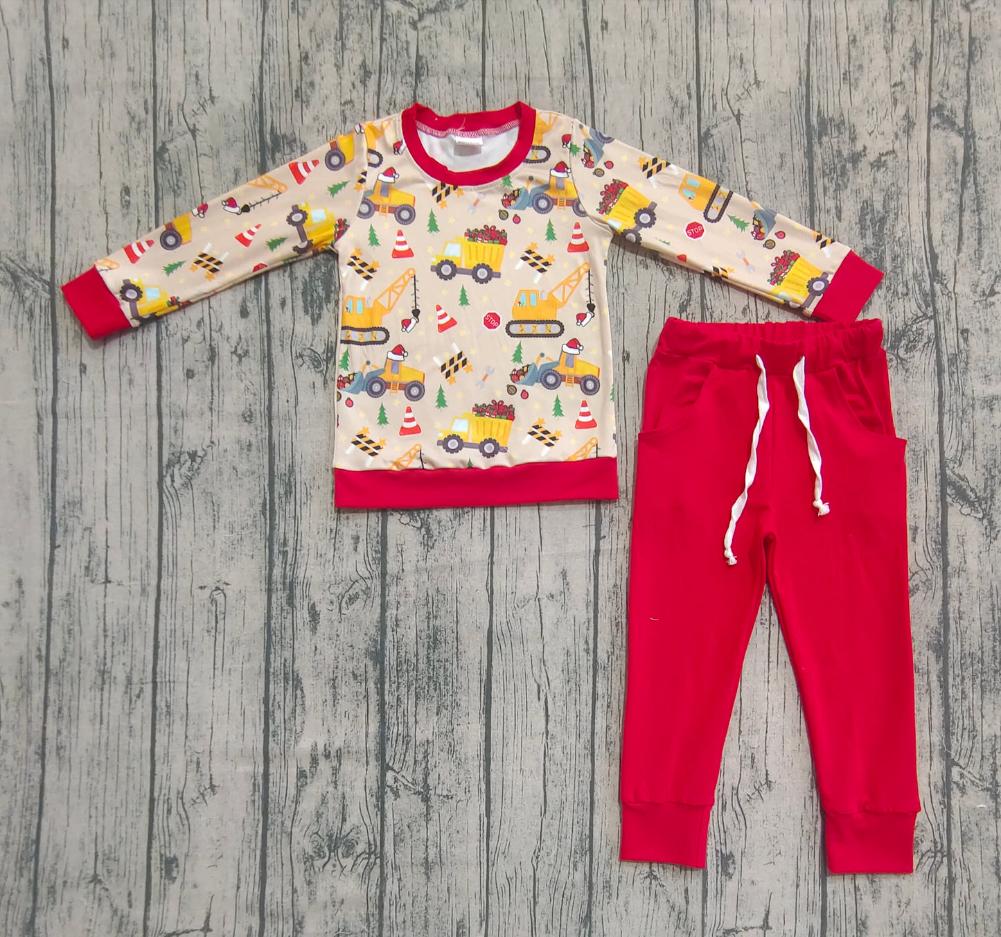 Baby Boy Long Sleeves Trucks Shirt Pockets Red Pants Christmas Set RTS