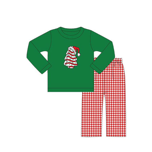 ( Moq 5 ) Preorder Baby Boy Green Long Sleeves Cake Tree Shirt Red Plaid Pants Christmas Set