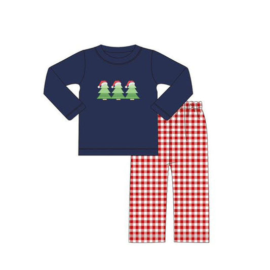 ( Moq 5 ) Preorder Baby Boy Navy Long Sleeves Trees Hats Shirt Red Plaid Pants Christmas Set