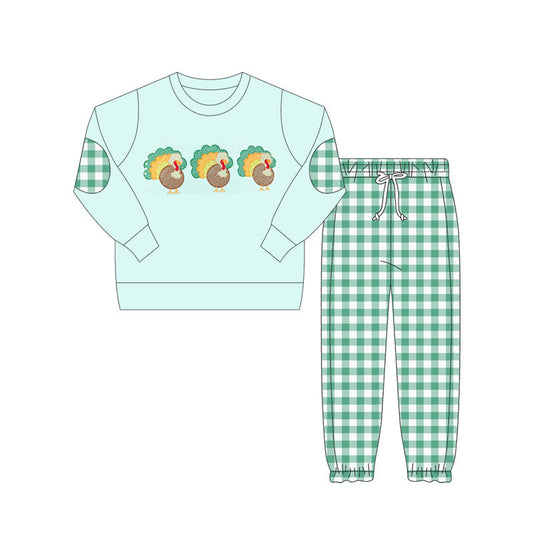 ( Moq 5 ) Preorder Baby Boy Green Long Sleeves turkey Shirt Plaid Pants Thanksgiving Fall Set