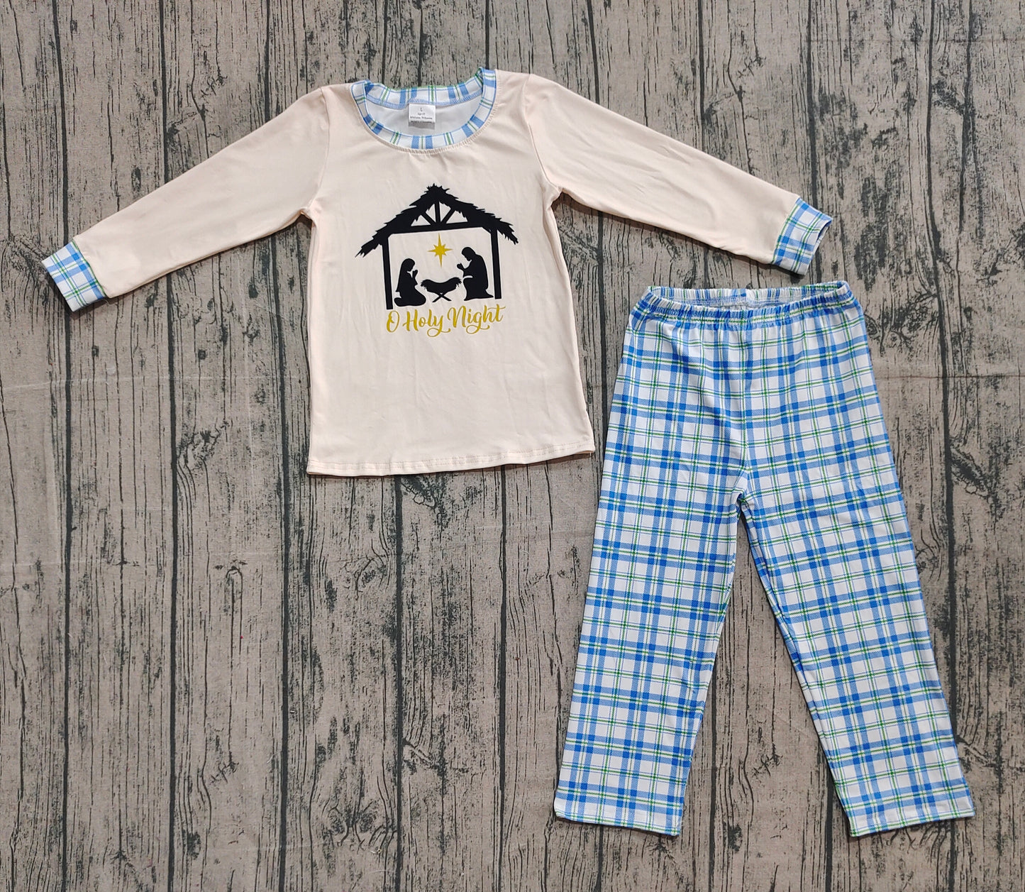Baby Boy Long Sleeves Jesus Nativity Shirt Blue Plaid Pants Set RTS