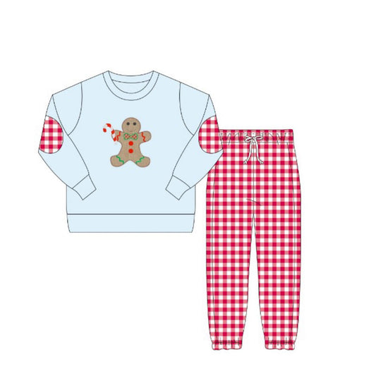 ( Moq 5 ) Preorder Baby Boy Long Sleeves Gingerbread Shirt Red Plaid Pants Christmas Set