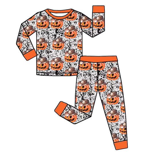 ( Moq 5 ) Preorder Baby Boy Toddler Long Sleeves Cowboy Pumpkin Shirt Pants Pajamas Halloween Set