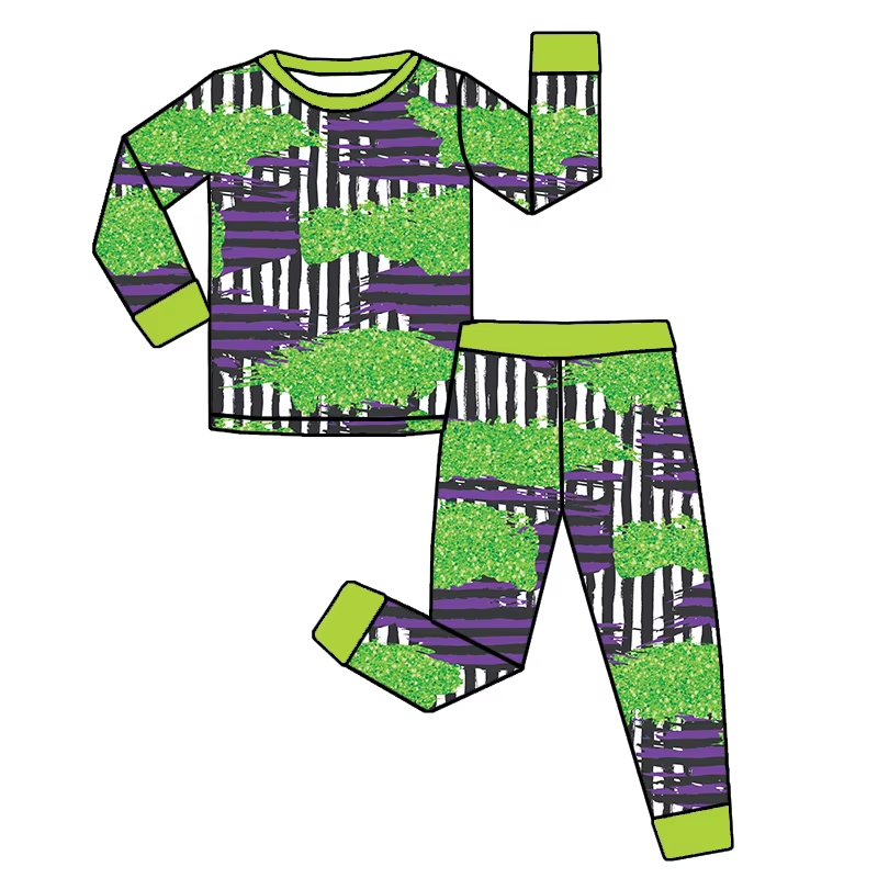 ( Moq 5 ) Preorder Baby Girl Toddler Long Sleeves Green Purple Stripes Shirt Pants Pajamas Halloween Set