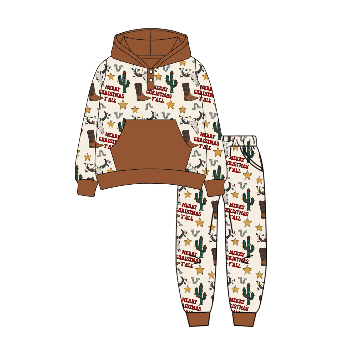 ( Moq 5 ) Preorder Baby Boy Toddler Long Sleeves Western Cow Cactus Hoodie Shirt Pockets Pants Christmas Clothes Set