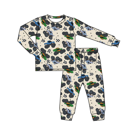 ( Moq 5 ) Preorder Baby Boy Long Sleeves Trucks Flags Shirt Pants Pajamas Set
