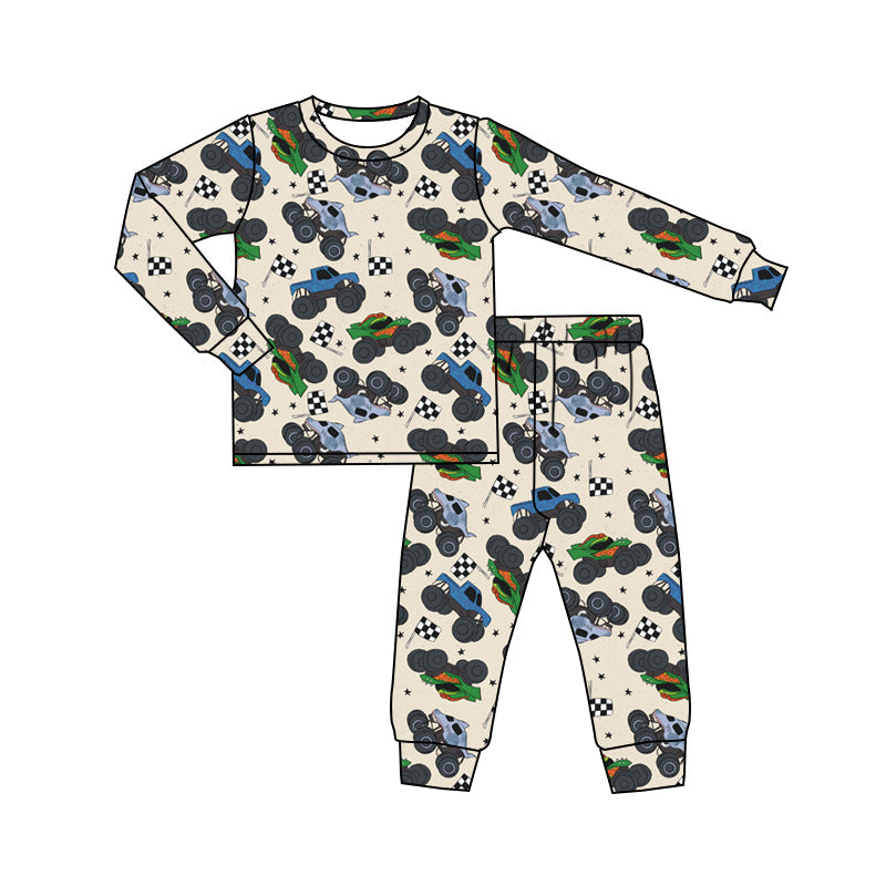 ( Moq 5 ) Preorder Baby Boy Long Sleeves Trucks Flags Shirt Pants Pajamas Set
