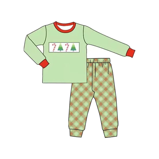 ( Moq 5 ) Preorder Baby Boy Green Long Sleeves Tree Candy Cane Shirt Plaid Pants Pajamas Christmas Set