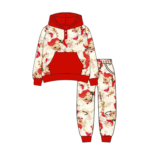 ( Moq 5 ) Preorder Baby Boy Long Sleeves Santa Red Hoodie Shirt Pockets Pants Christmas Set