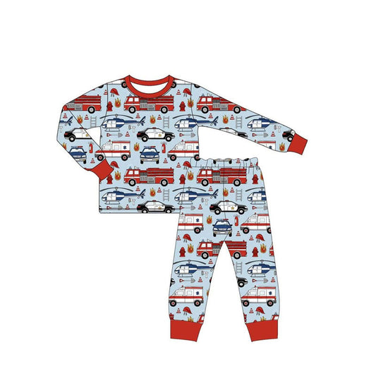 ( Moq 5 ) Preorder Baby Boy Long Sleeves Fire Trucks Shirt Pants Pajamas Set