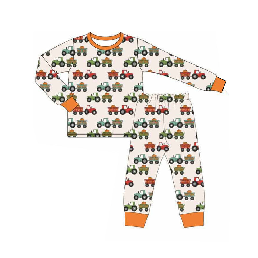 ( Moq 5 ) Preorder Baby Boy Long Sleeves Pumpkins Tractors Farm Shirt Pants Pajamas Set