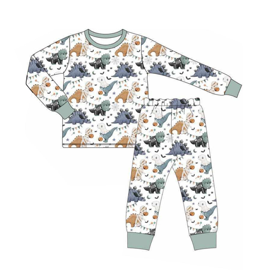 ( Moq 5 ) Preorder Baby Boy Long Sleeves Halloween Pumpkins Dinosaurs Shirt Pants Pajamas Set