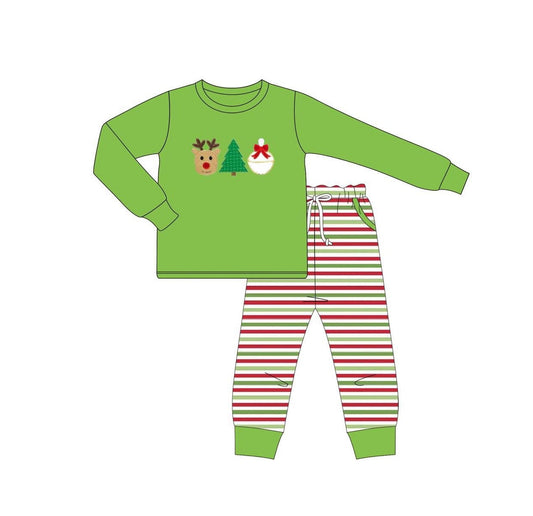 ( Moq 5 ) Preorder Baby Boy Green Long Sleeves Deer Tree Shirt Stripes Pockets Pants Pajamas Christmas Set