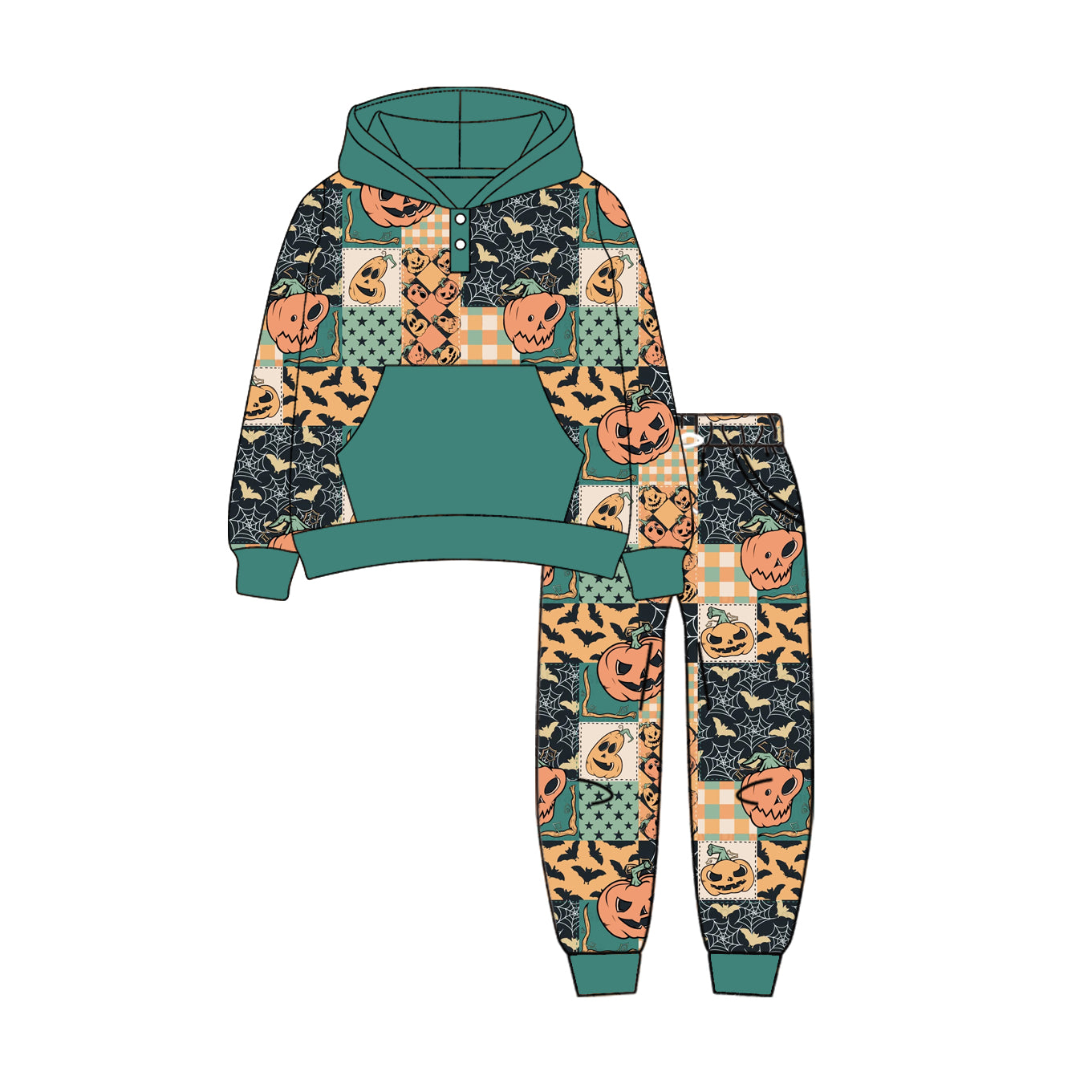 ( Moq 5 ) Preorder Baby Boy Ghost Pumpkins Green Hoodies Shirt Pockets Pants Halloween Set