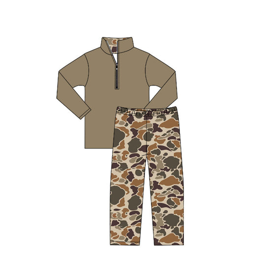 ( Moq 5 ) Preorder Baby Boy Long Sleeves Zipper Cotton Shirt Camo Pants Set
