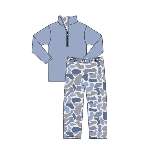 ( Moq 5 ) Preorder Baby Boy Blue Long Sleeves Zipper Cotton Shirt Camo Pants Set