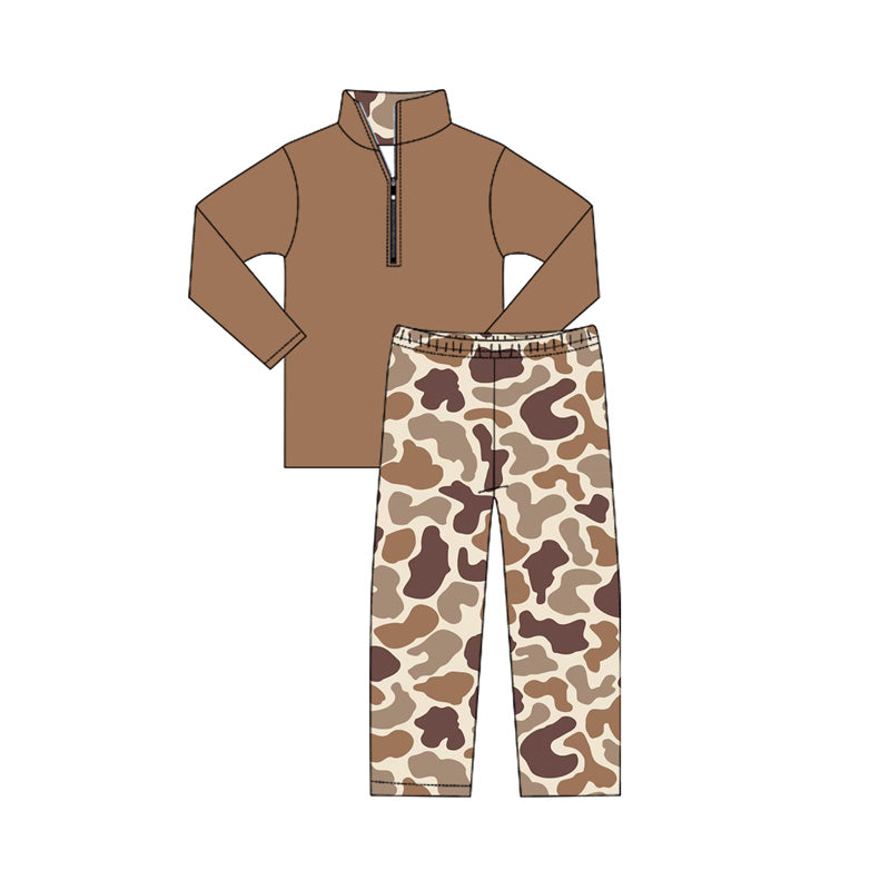 ( Moq 5 ) Preorder Baby Boy Long Sleeves Zipper Cotton Brown Shirt Camo Pants Set