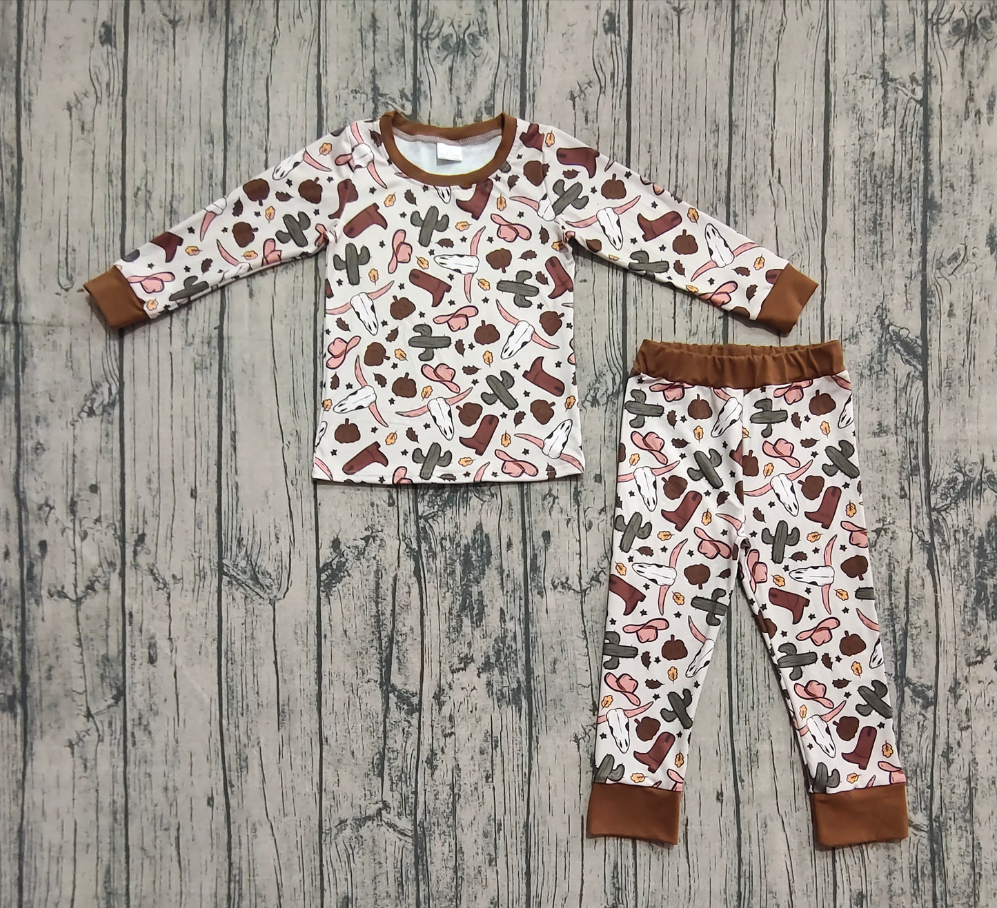 Baby Boy Long Sleeves Pumpkins Western Cow Boots Cactus Shirt Pants Pajamas Fall Set RTS