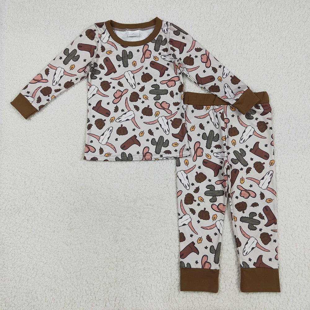 Baby Boy Long Sleeves Pumpkins Western Cow Boots Cactus Sibling Fall Pajamas Romper Set RTS
