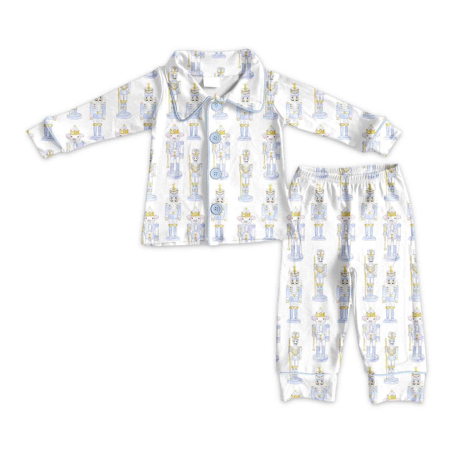 ( Moq 5 ) Preorder Baby Girl Long Sleeves Blue Soldier Christmas Buttons Shirt Pants Pajamas Clothes Set