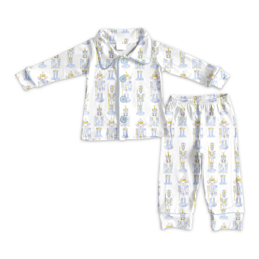 ( Moq 5 ) Preorder Baby Girl Long Sleeves Blue Soldier Christmas Buttons Shirt Pants Pajamas Clothes Set