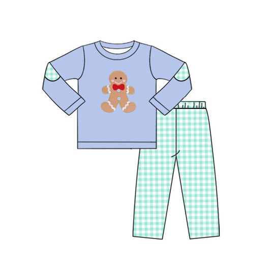 ( Moq 5 ) Preorder Baby Boy Long Sleeves Gingerbread Blue Shirt Plaid Pants Christmas Clothes Set