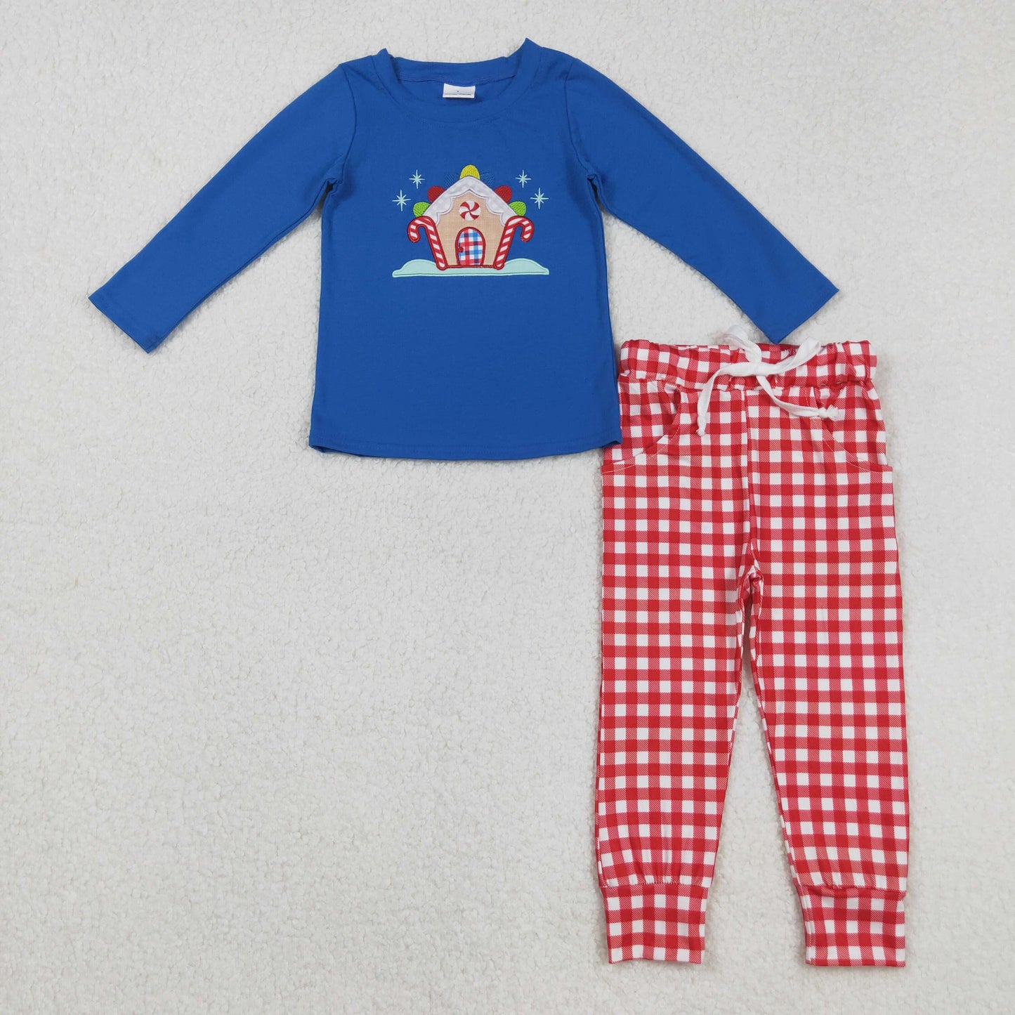 Boys Girls Kids Long Sleeves Embroidery Christmas Candy Cane Sibling Clothes Set RTS